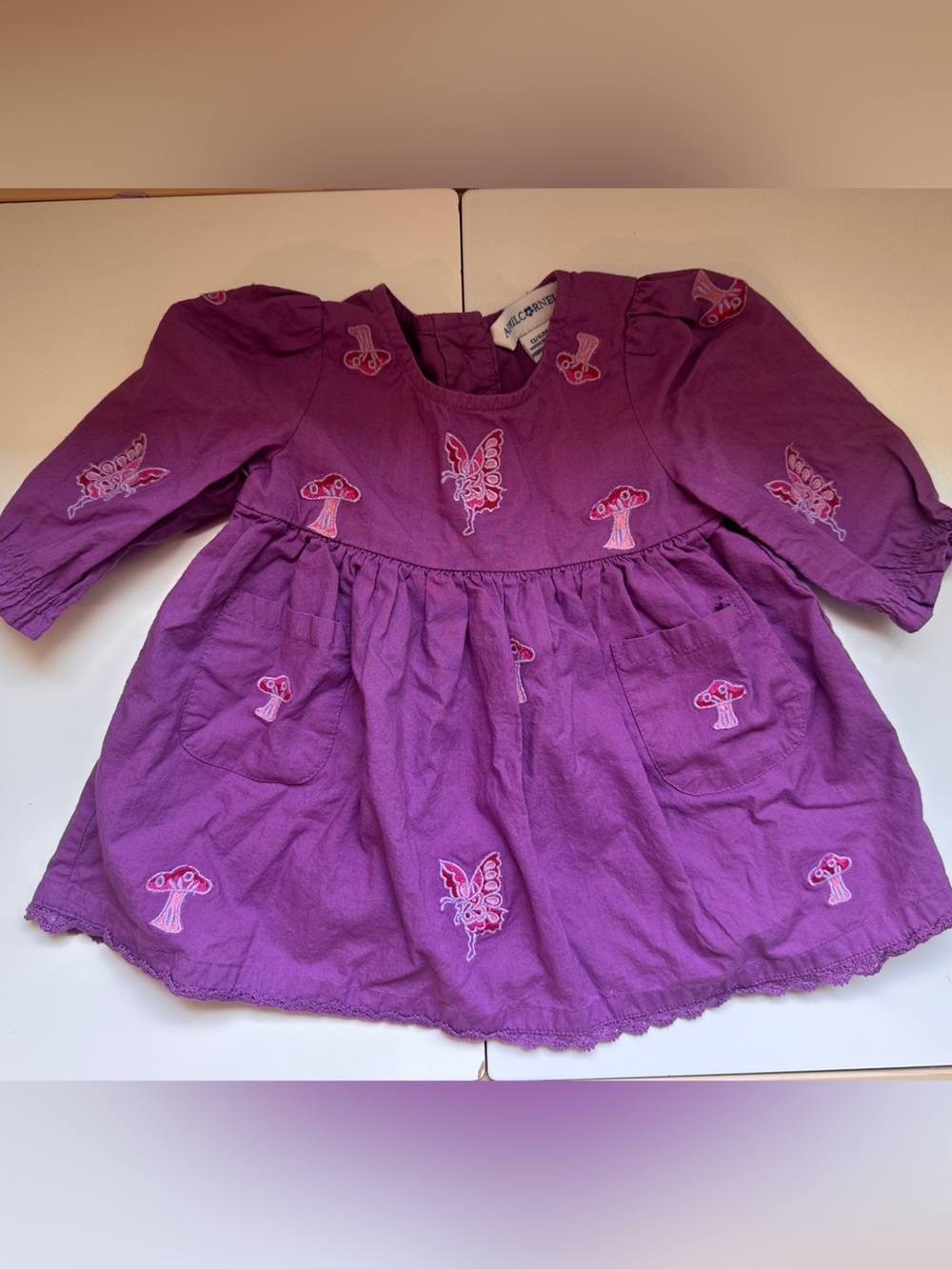 April Cornell Purple Cottagecore Mushroom Butterfly Fairy Cotton Dress 0/6m